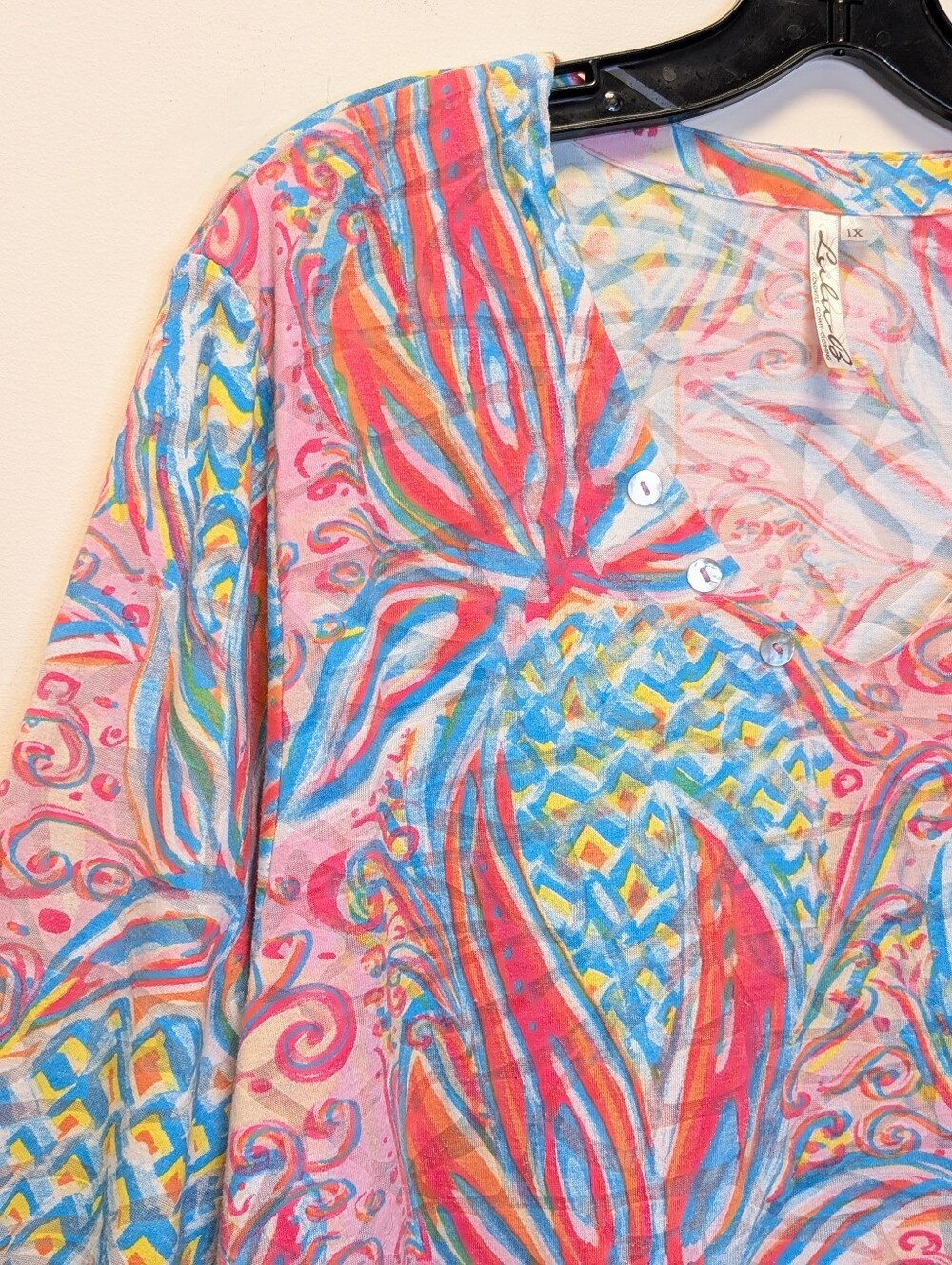 Lulu B Colorful Pineapple Print Asymmetrical Resort Tunic Top Soft Colorful 1X - Picture 2 of 14